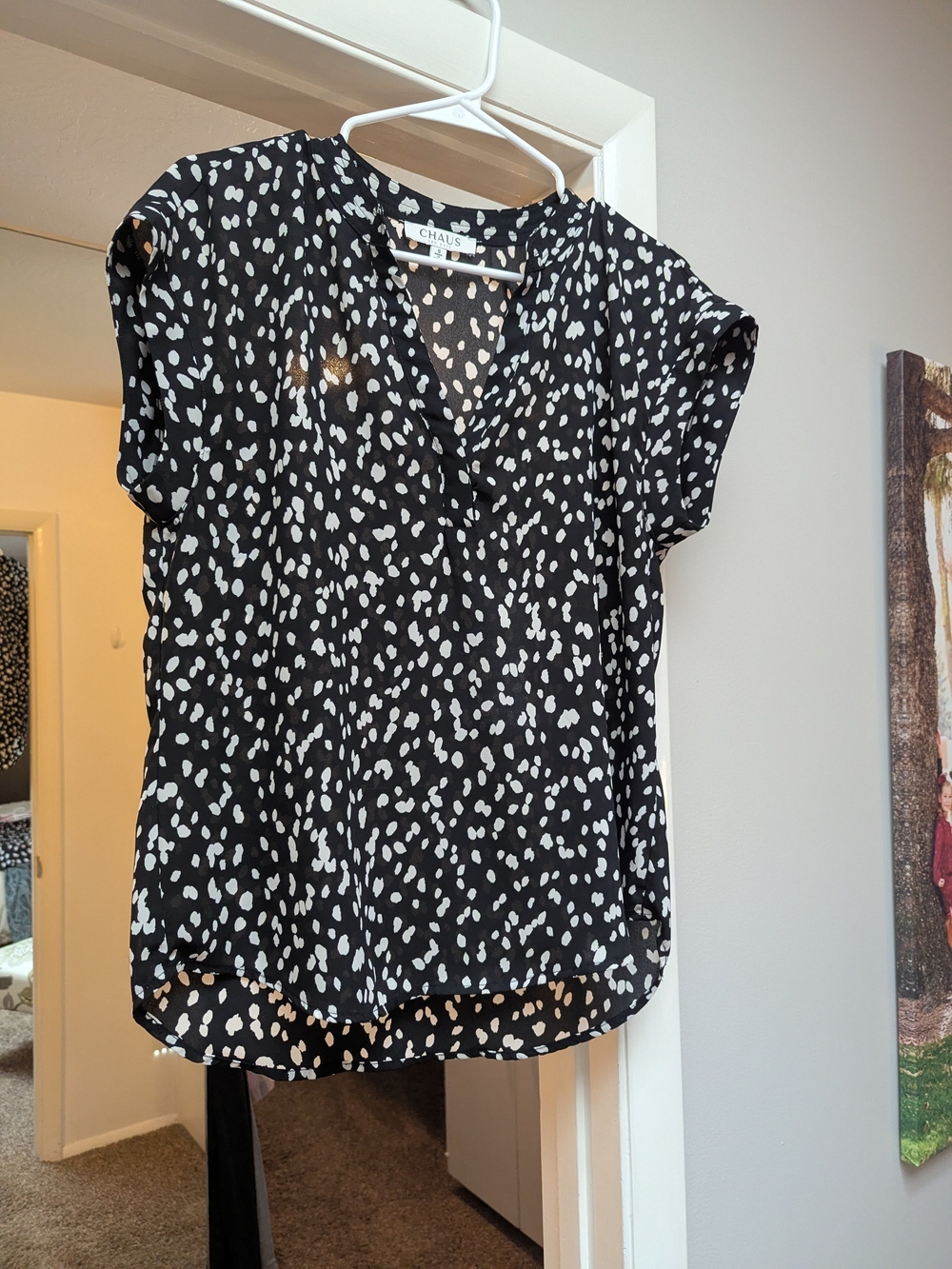 Chaus Black & White Dot Print V-Neck Short Sleeve Blouse - S